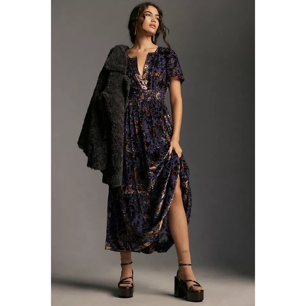 Anthropologie Somerset Maxi Dress Velvet Edition Purple Floral Burnout Sz Small